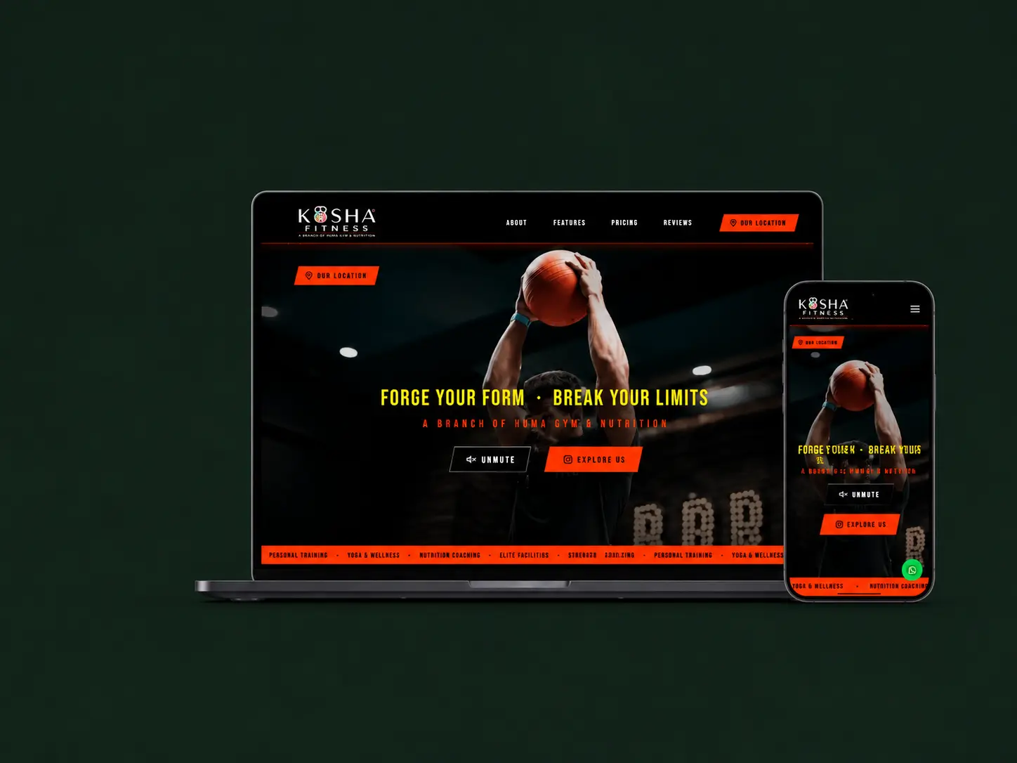 Kosha Fitness website design featuring mobile and desktop UI layouts for a modern gym