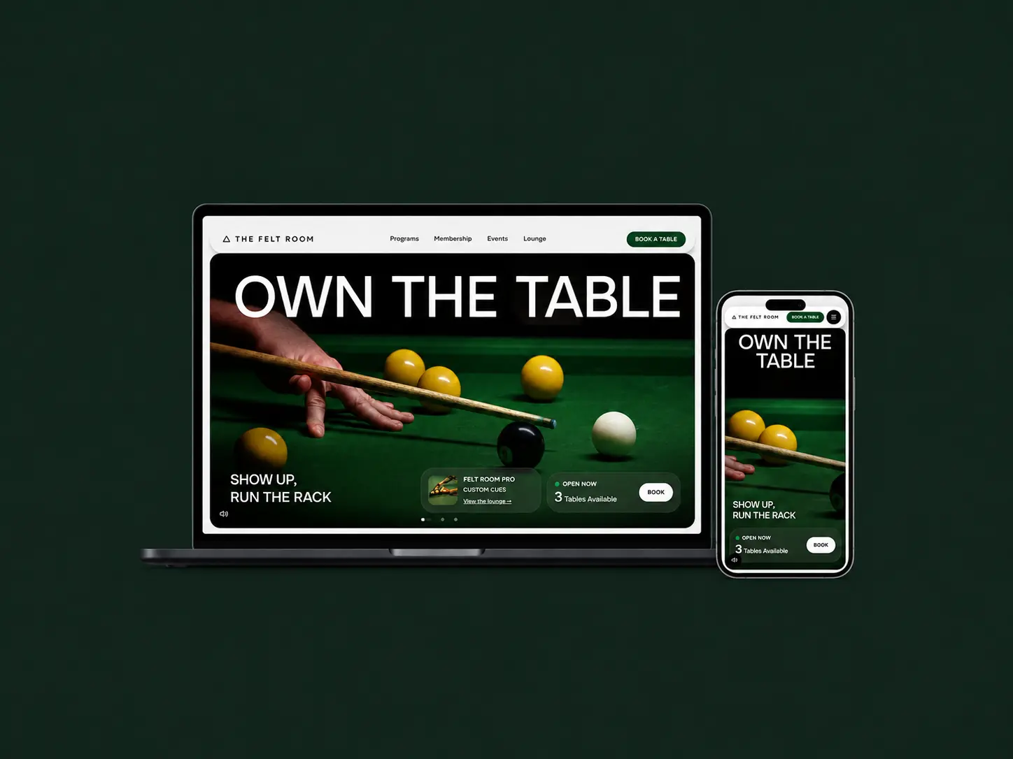 The Felt Room billiards club website design showcasing premium interior and mobile UI layouts