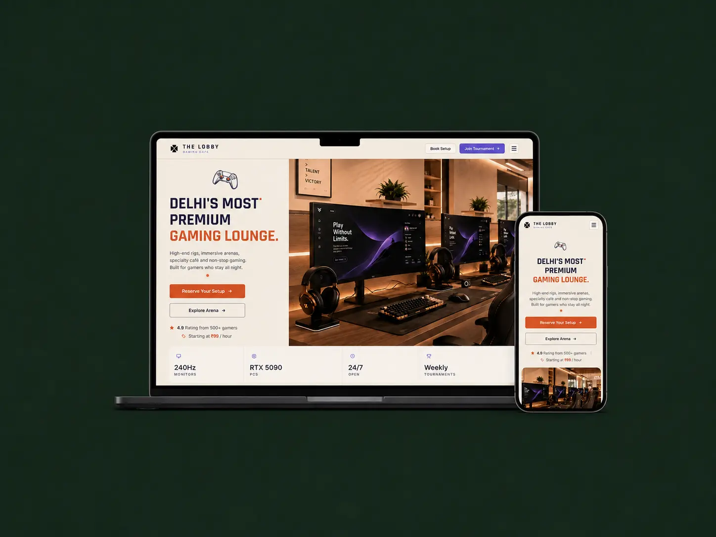 The Lobby website design showcasing a clean, premium gaming cafe UI on mobile and desktop